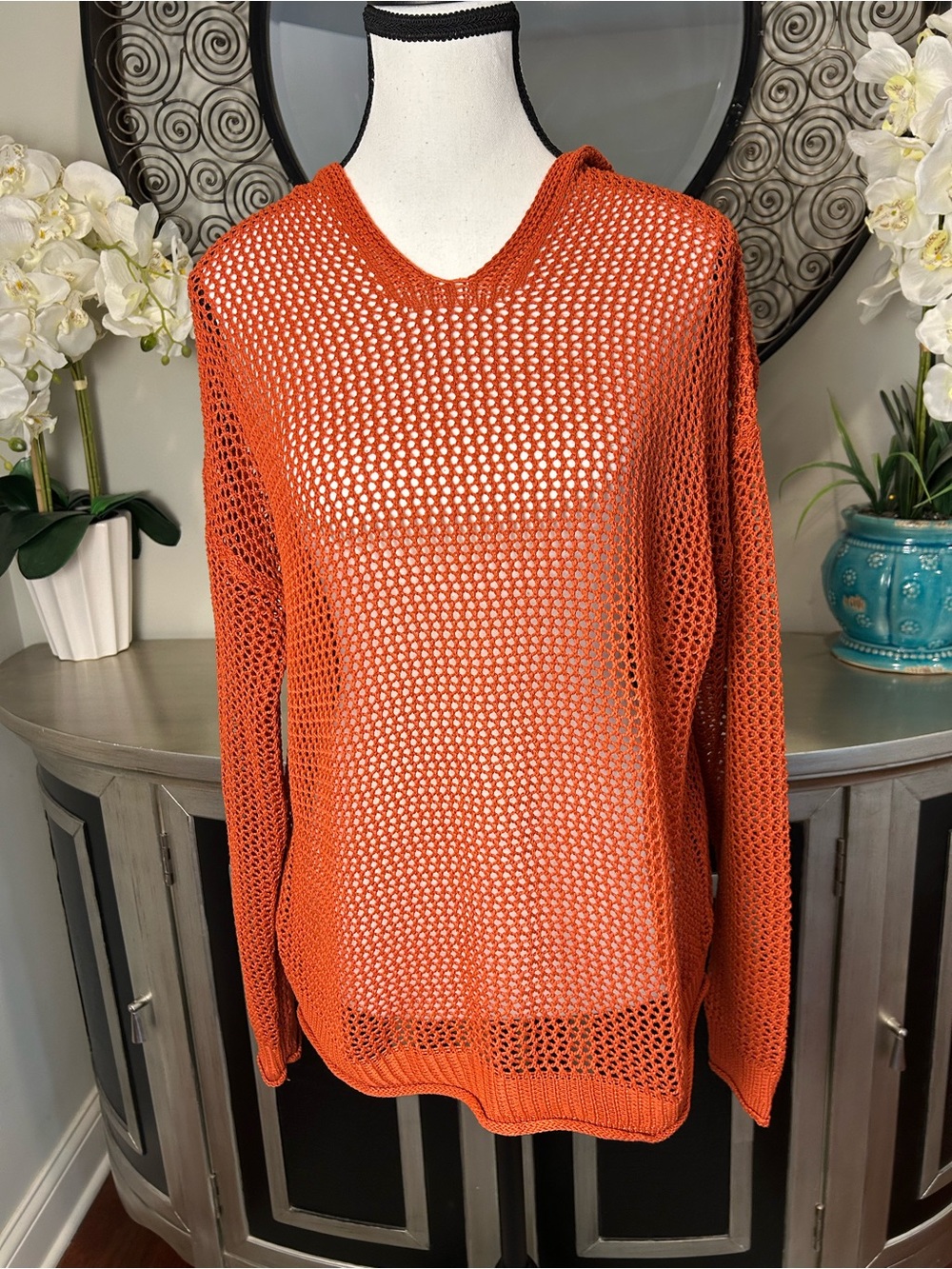 Women's Open-Weave V-Neck Sweater in Rust Orange
